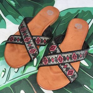 Black and red rhinestone Aztec print yellow box brand sandals